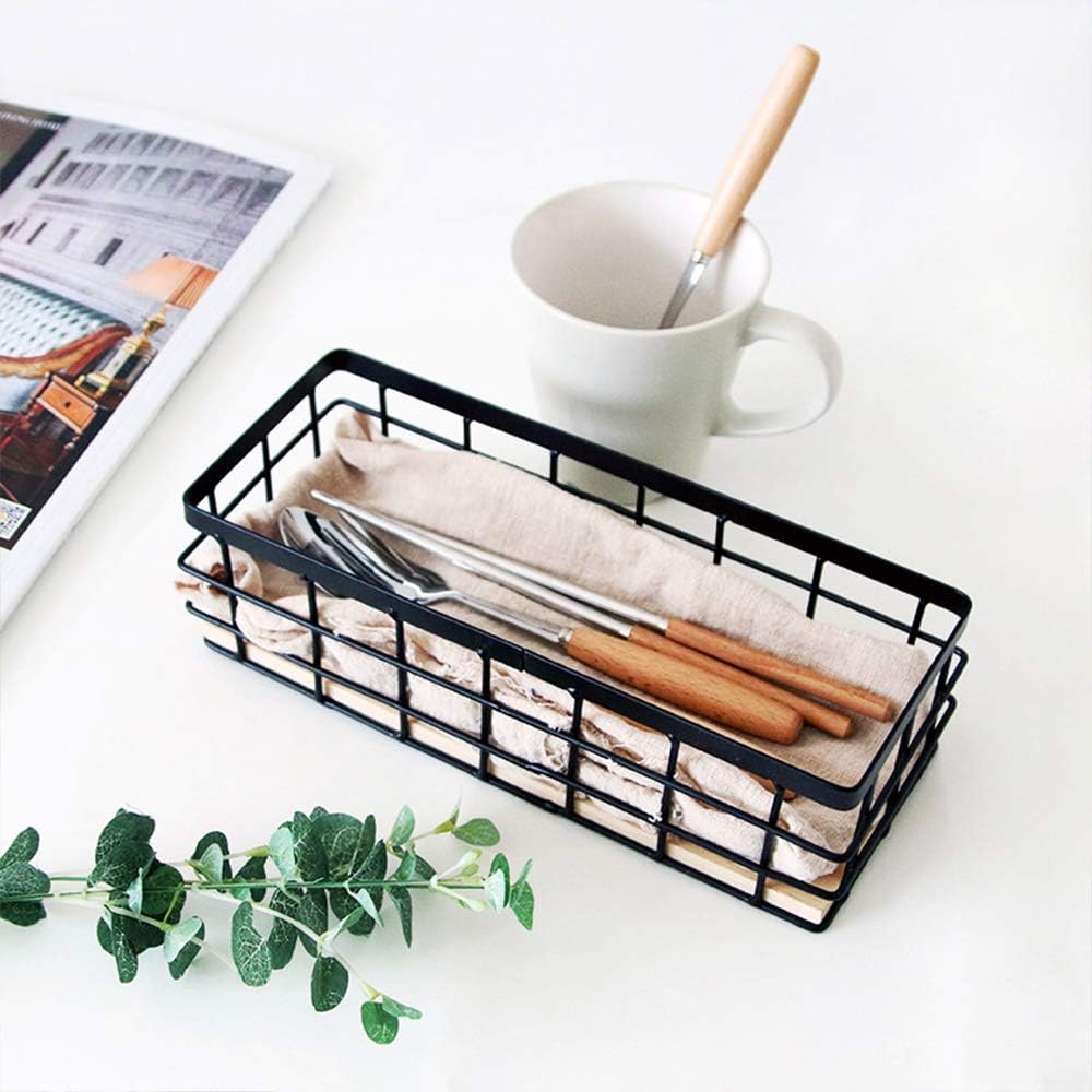 TIEYIPIN Small Metal Wire Storage Basket, Detachable Wood Base Storage Organizer Bin Basket for Kitchen Cabinets, Bathroom, Pantry, Garage, Laundry Room - Brown (4 Pack)
