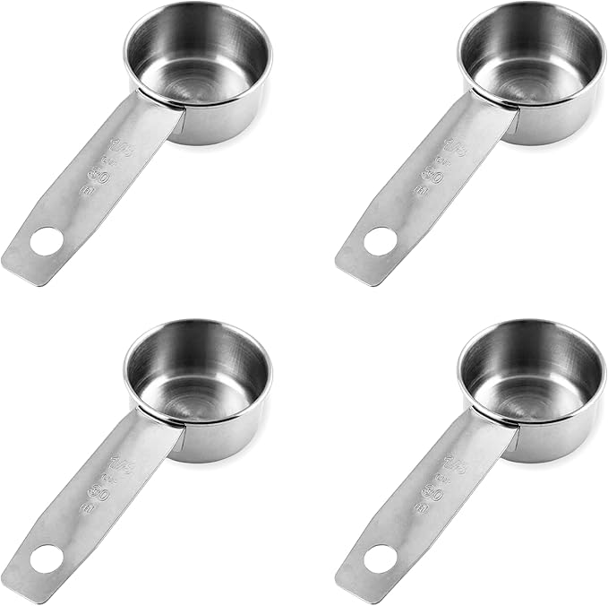 1/8 Cup Stainless Steel Measuring Cup | Sturdy Metal 30 ml | 30 cc | 1 oz | Single Cup for Wet and Dry Ingredients | Great for use as 1/8 Cup Coffee Scoop - 4 PK