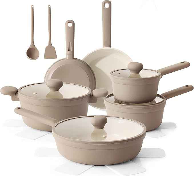 SENSARTE Ceramic Nonstick Pots and Pans Set 17pcs, Healthy Induction Cookware Set, Nontoxic Kitchen Cooking Set with Skillets & Saucepans, Stay-cool Handles, PFAS PTFE PFOA PFOS Free,Taupe