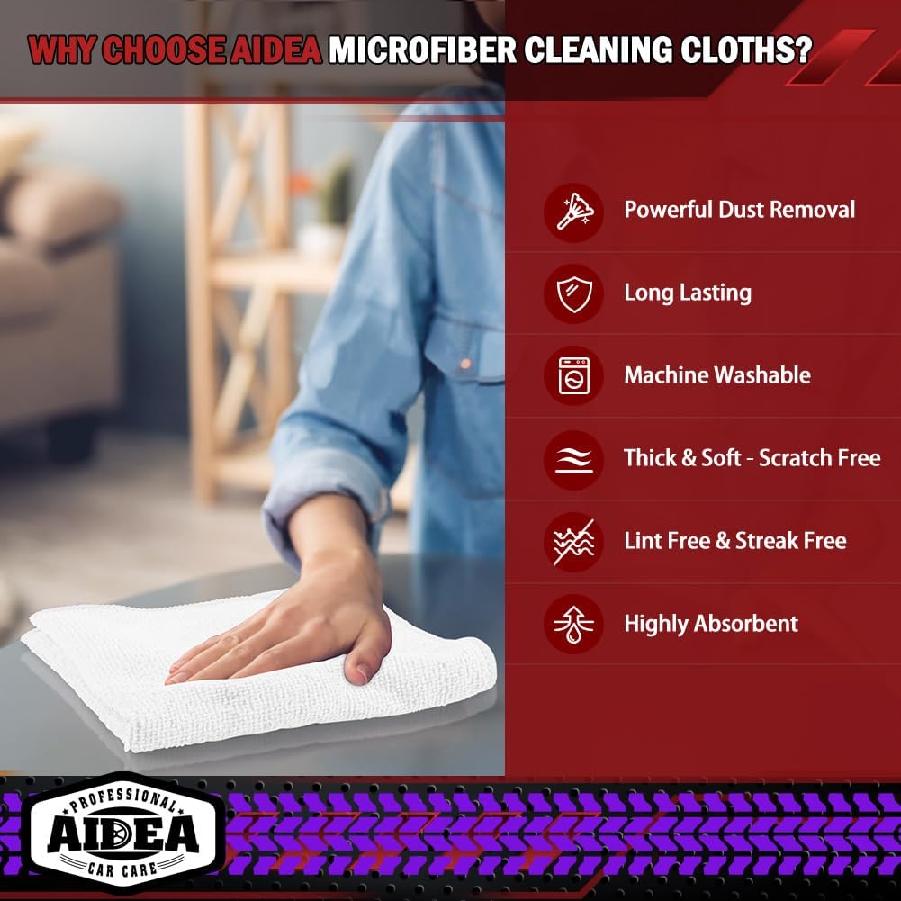 AIDEA Microfiber Cleaning Cloth White 150PK, Microfiber Towels for Cars, Premium Car Cloth, Dusting Cloths Lint Free Cleaning Rags for SUVs, House, Kitchen, Window, Workshops,12×12"
