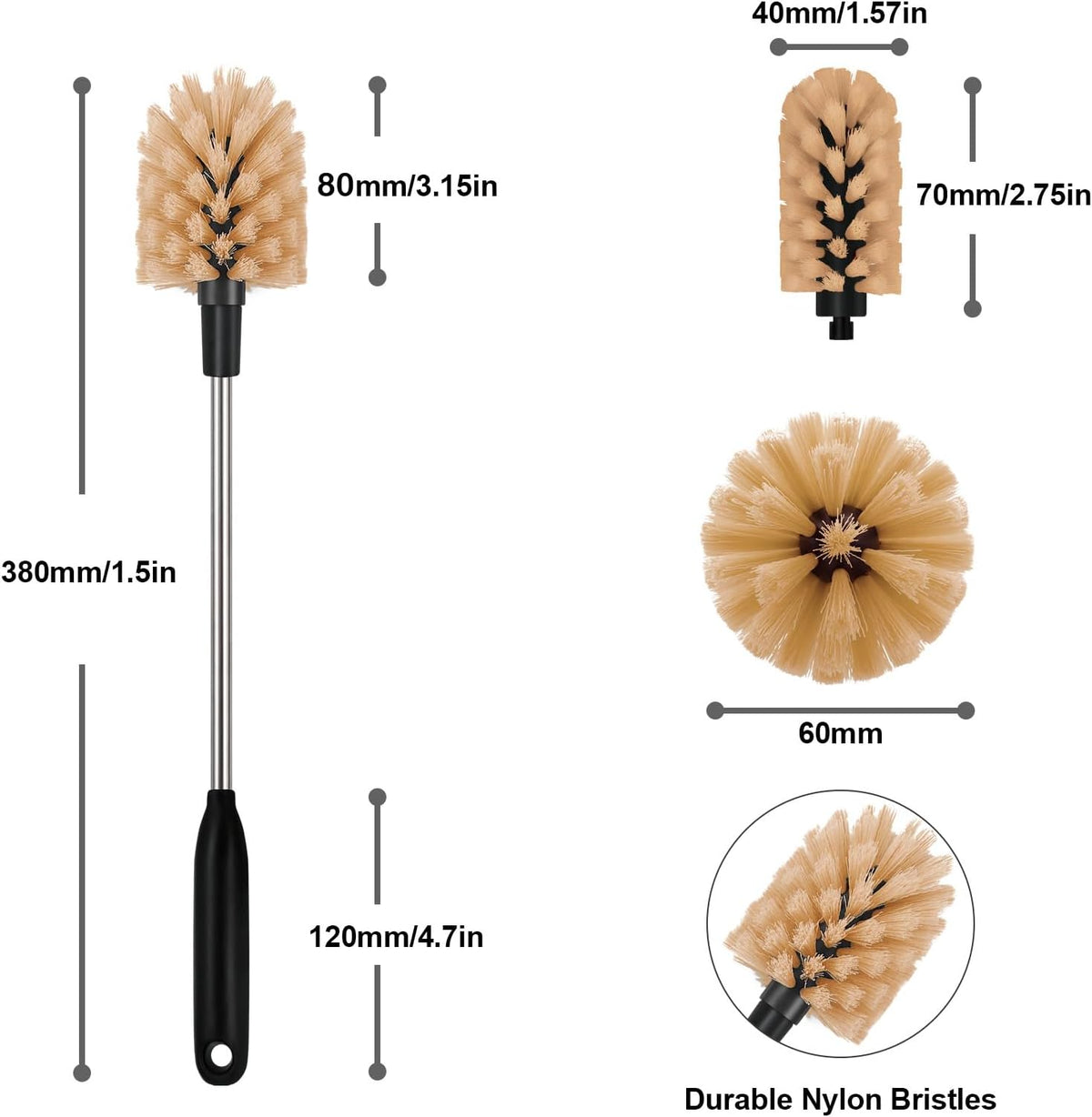 2-in-1 Long Handle Bottle Brush - Water Bottle Cleaning Accessories - Flexible Scrub Brush for Water Bottles,Mugs, Glasswares - with Replacement Brush Heads，Dishwasher Safe Reusable，Brown