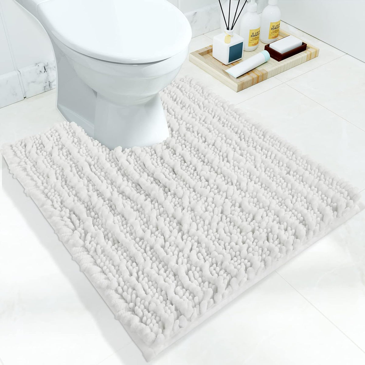 Yimobra Toilet Rugs U Shaped 24x20, Soft Comfortable Absorbent Chenille Toilet Mat for Bathroom Floor, Non-Slip Contour Bathroom Rugs for Toilet, Dry Quickly Machine Washable, White