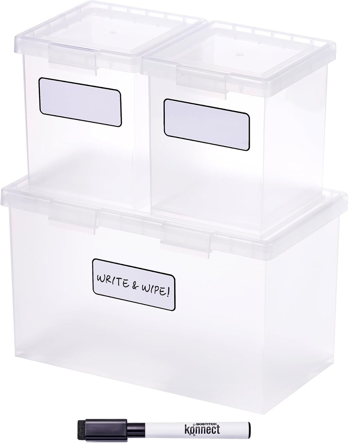 Bostitch Konnect Storage Containers with Lids, Organizer, Clear Plastic Box, Stackable Nesting Bins, 3-Piece Bundle, 1 Large, 2 Medium