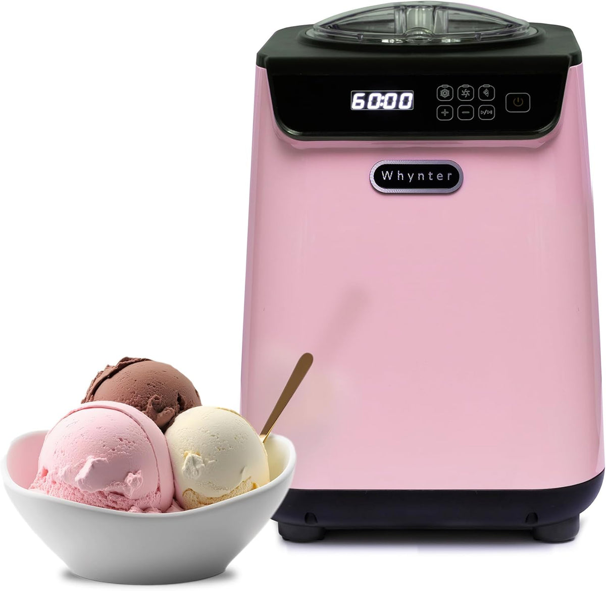 Whynter Ice Cream Maker Machine Automatic 1.28 Qt Upright with Built-In Compressor, LCD Digital Display & Timer, No Pre-Freezing, ICM-128BPS, Black/Pink