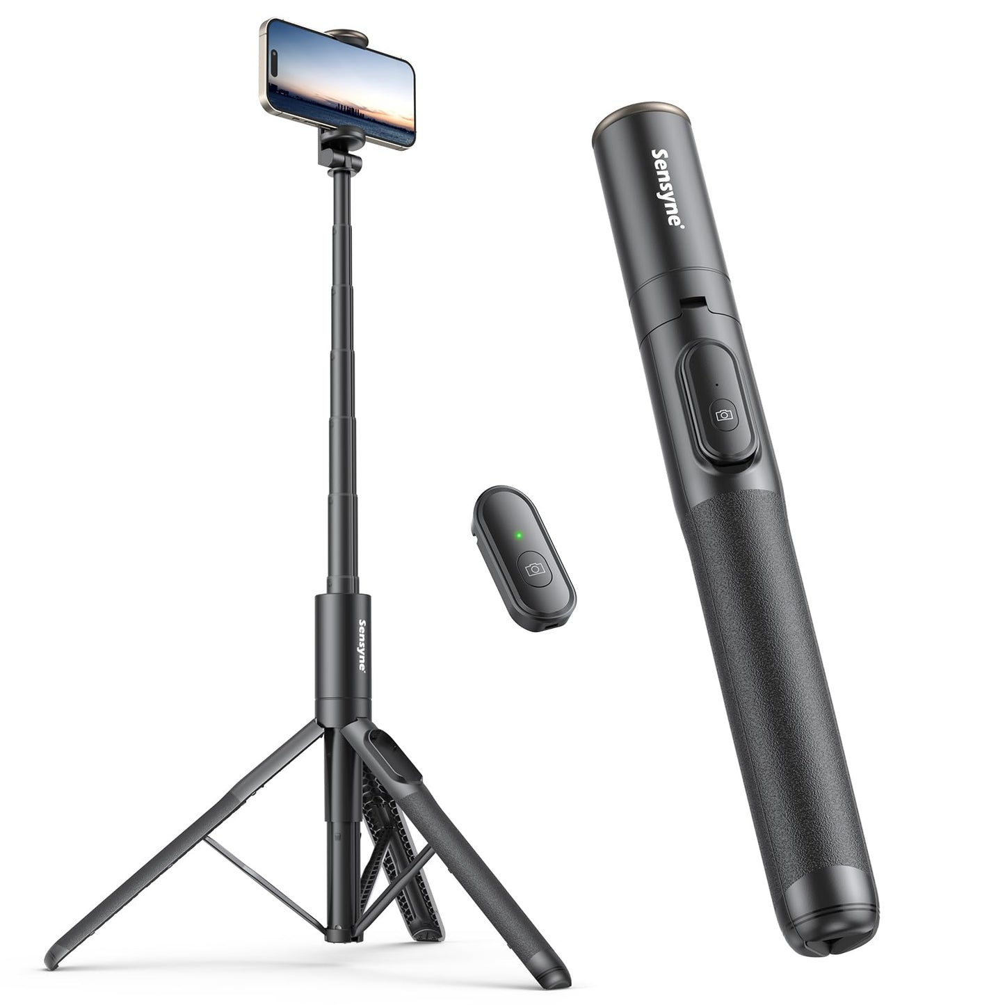 Sensyne 60" Phone Tripod - Selfie Stick, Lightweight All in One Phone Tripod Integrated with Wireless Remote Compatible with All Cell Phones for Selfie/Video Recording/Photo/Live Stream/Vlog（Black）