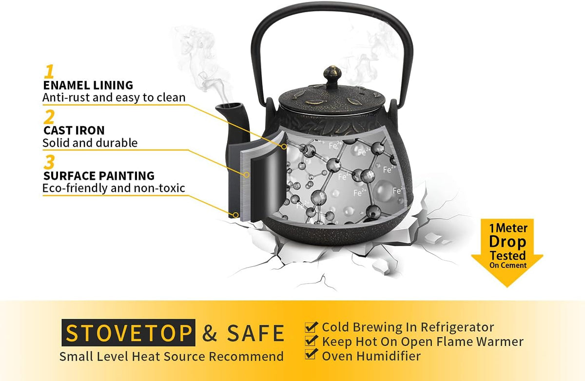 Tea Kettle, TOPTIER Japanese Cast Iron Tea Pot for Stove Top, Cast Iron Teapot Humidifier for Wood Stove, Leaf Design Tea Kettle Coated with Enameled Interior for 32 Ounce (950 ml), Black