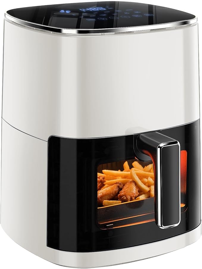 Simple Deluxe 12-in-1 Air Fryer 6.34 Qt, Digital Preset Airfryer with Visible Window, Nonstick and Dishwasher-Safe Basket, Air Fry, Roast, Bake, Dehydrate, Fries, 1700W, Beige