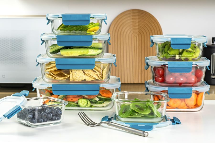 GENICOOK 9-Pack Glass Food Storage Containers with Airtight Lids-Glass Meal Prep Containers/Bento Box/Microwave Freezer Dishwasher Safe-Glass Lunch Box for Kitchen,Stackable,Large Capacity, BPA Free