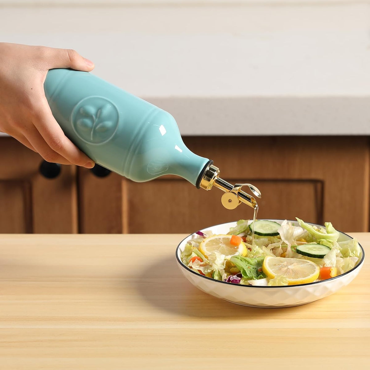 Sweejar 16 Oz Ceramic Olive Oil Dispenser Bottle, Oil Dispenser for Kitchen with Gravity Spout, Relief Opaque Vinegar Container for Evoo, Soy Sauce, 1 Pack(Turquoise, Gold Spout)