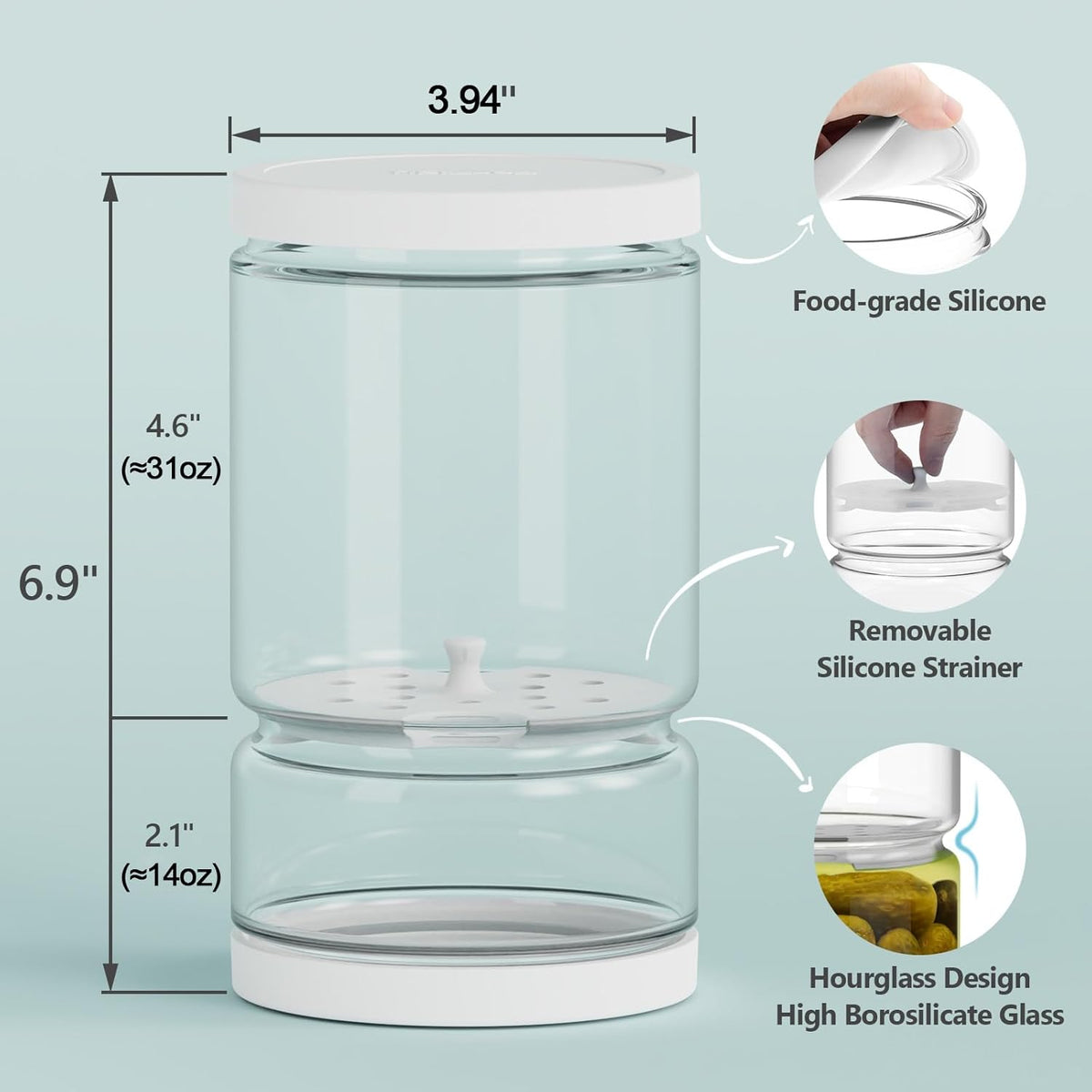 Glass Pickle Jar with Strainer Flip for Pickle Lover - 45OZ Leakproof Airtight Juice Separator for Olive, Gherkin or Chilli, BPA Free, Dishwasher and Refrigerator Safe (White, 45 oz*1 pack)