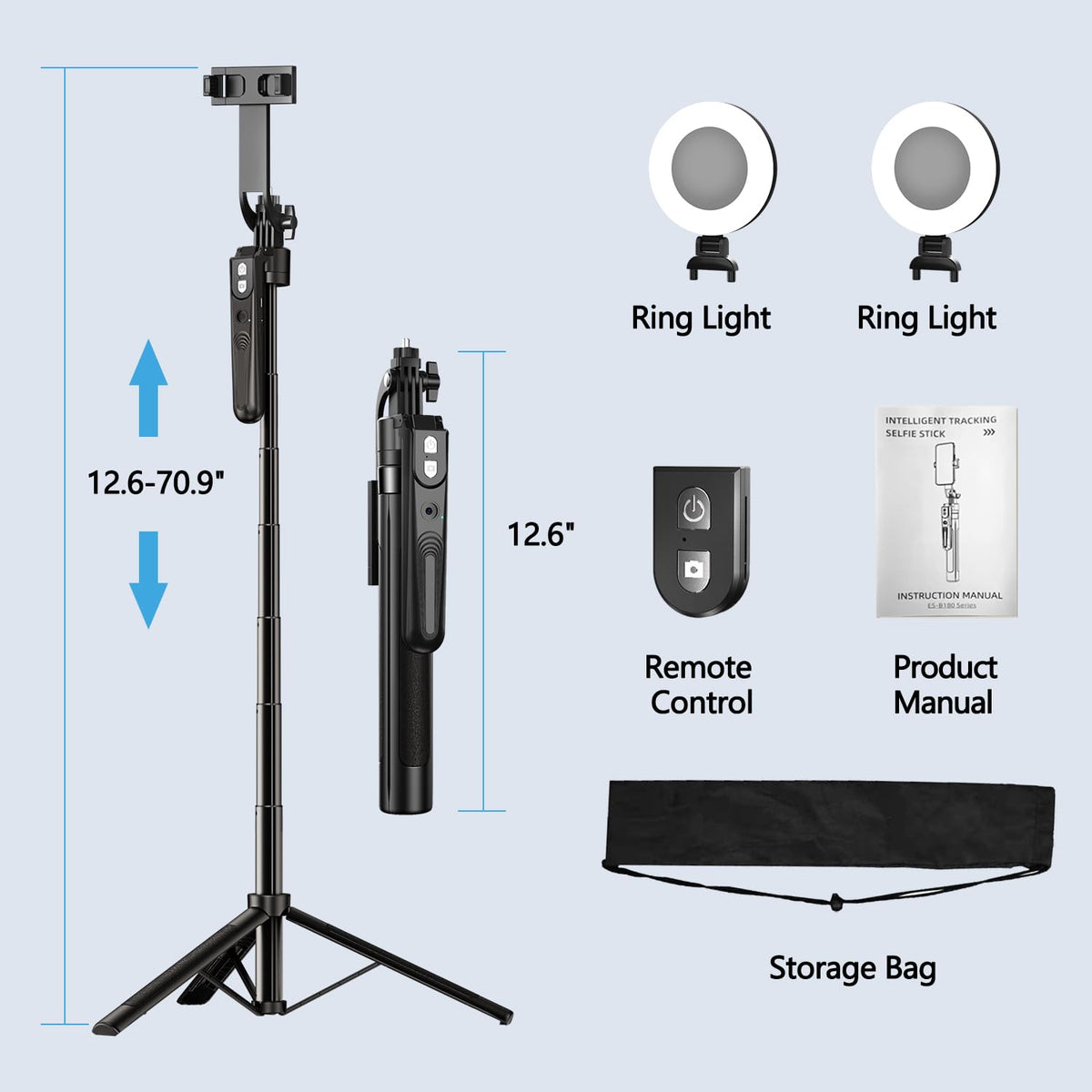 yAyusi 70.9" Auto Face Tracking Selfie Stick Tripod for iPhone with Light, No App, 360° Rotation Tripod that Follows Your Movement with Remote Control for Vlog/Live Stream/Video Recording