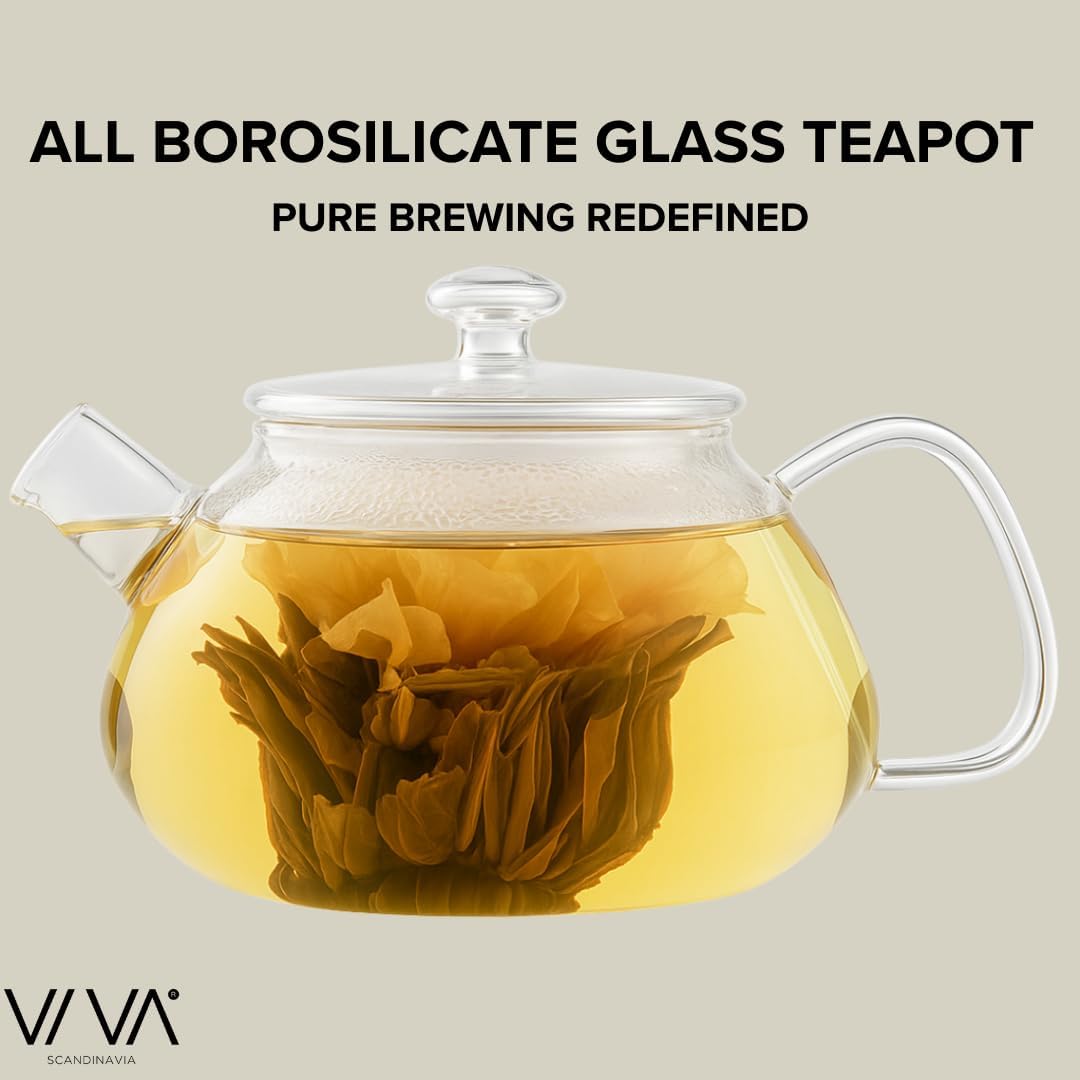Viva Nicola All Borosilicate Glass Teapot with Tea Included, Lid, with Removable Infuser for Loose Leaf Tea - No Metal Or Plastic for The Perfect Brew, 25oz Tea Maker, Stove Top Safe, No Drip Spout