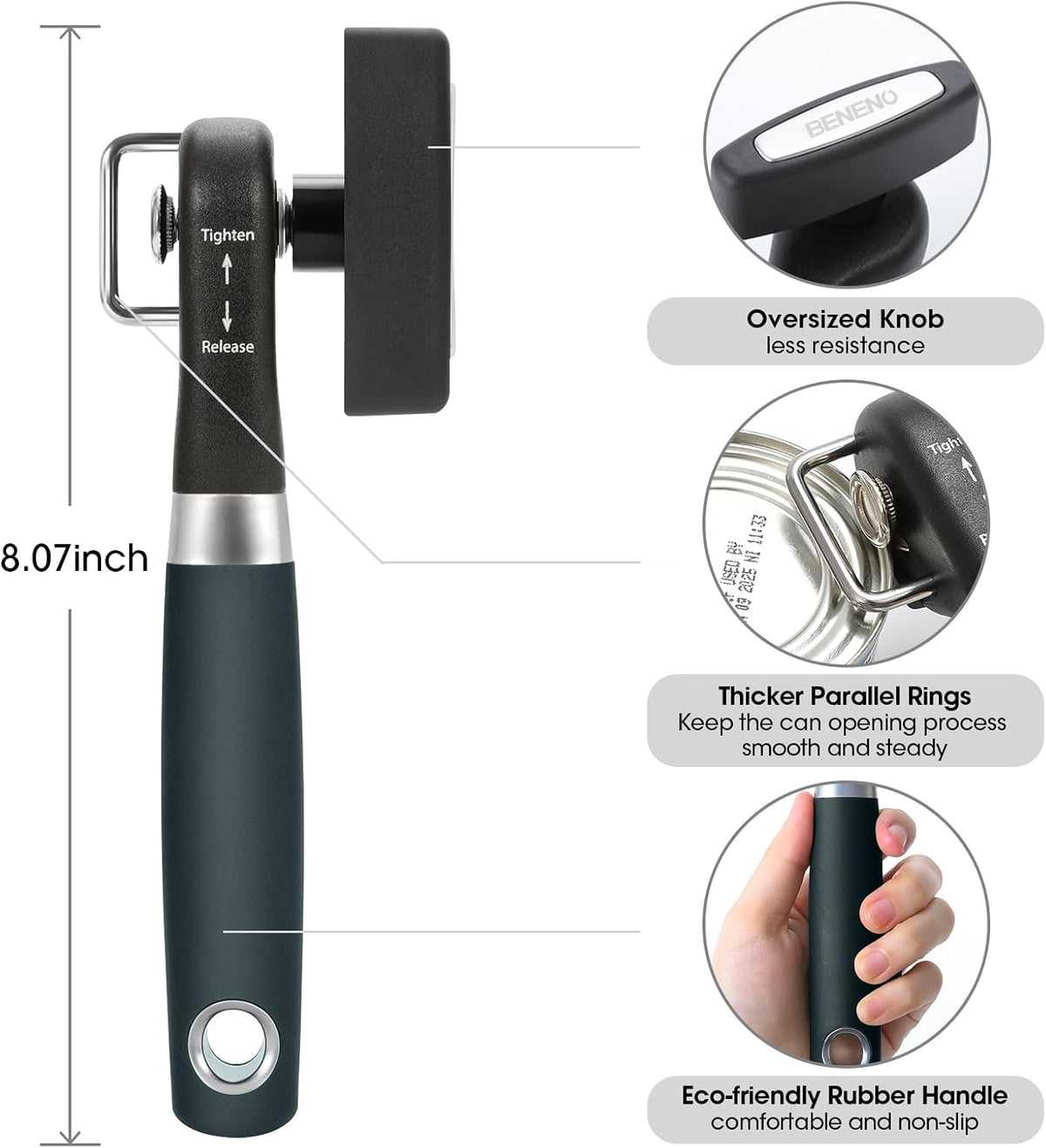 Beneno Can Opener, Manual Side Safe Cut Can Opener Smooth Edge with Durable Sharp Blade, Effort-Saving Knob & Comfortable Non-slip Handle, Green