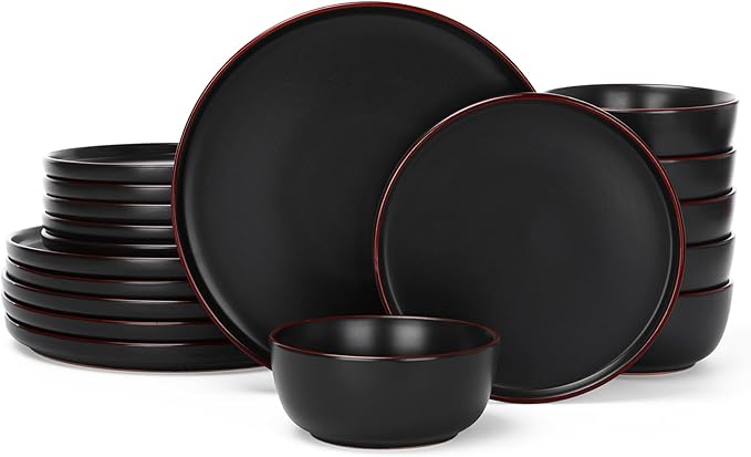 Famiware Mercury Plates and Bowls Sets, 18 Pieces Stoneware Dinnerware Sets, Dishes Set for 6, Microwave and Dishwasher Safe, Matte Black