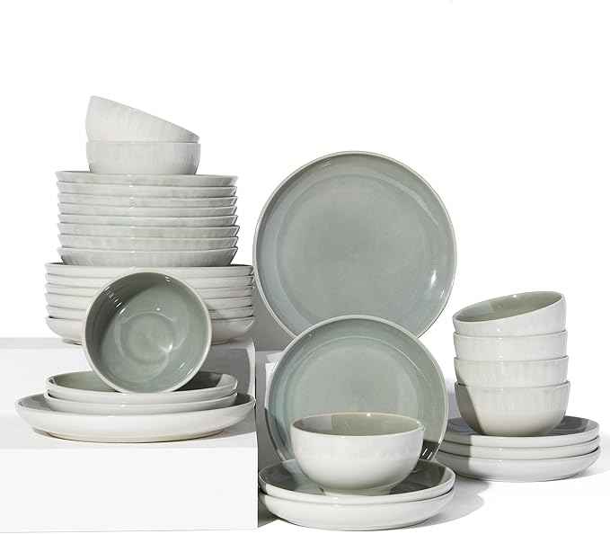 32 Piece Double Bowl Dinnerware Sets with Pasta Bowls, Highly Chip and Crack Resistant Plates and Bowls Sets, Natural Earthyware Ceramic Dishware Sets, Service for 8 Gradient Green