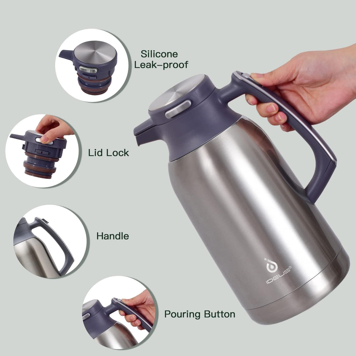 IDEUS Thermal Coffee Carafe 68oz (2,000ml), Stainless Steel Double Wall Insulated Vacuum Flask, Water Jug Coffee Server and Beverage Dispenser, Heat and Cold Retention (Metallic, 68oz (2,000ml))