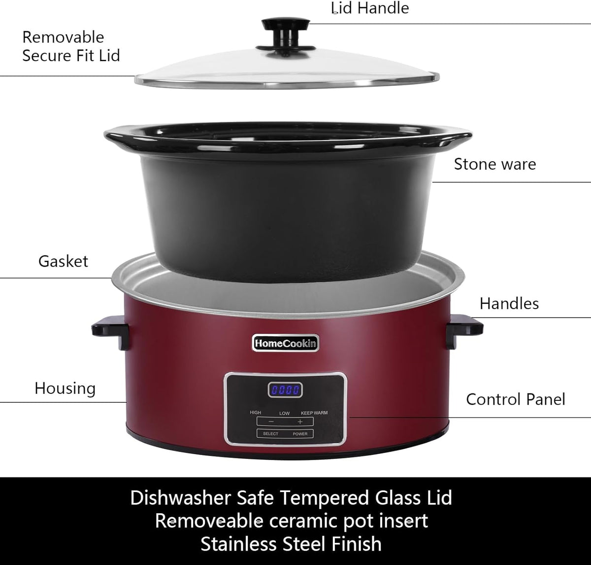 HOMECOOKIN 7 Quart Programmable Slow Cooker, Kitchen Appliances, Perfect Kitchen Small Appliance for Family Dinners, Red Stainless Steel