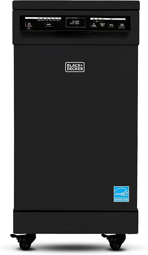 BLACK+DECKER 18-Inch Portable Dishwasher, 8-Place Setting Capacity, Mobile Dish Washer with 6 Wash Programs, LED Display, Stainless Steel Tub, ENERGY STAR Certified, BPD8B, Black