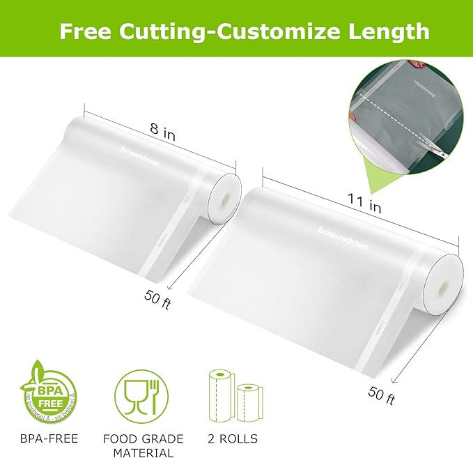 Bonsenkitchen Vacuum Sealer Bags Rolls, 11in x 50ft & 8in x 50ft Durable Food Sealer Bags, Commercial Grade, Heavy Duty, BPA Free, Seal a Meal, Great for Food Storage & Sous Vide Cooking, VB25