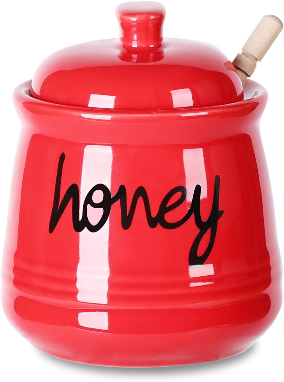 ONTUBE Honey Jar with Dipper and Lid, Ceramic Honey Pot 12oz (Red)