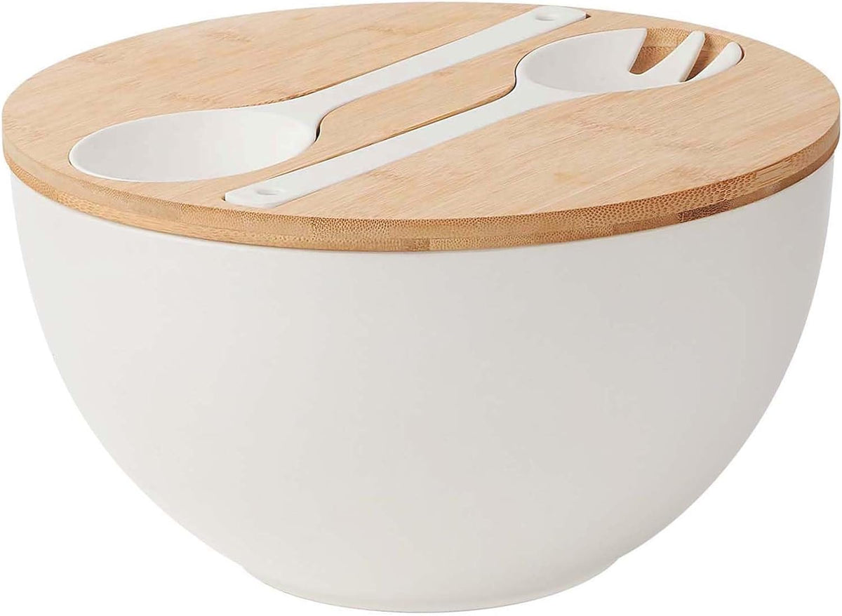 11.3" Extra Large Salad Serving Bowl Set with Wooden Lid&Utensils, 6.5Qt., Bamboo Fiber Salad Bowl with Servers for Kitchen, Lightweight Big Bowl for Mixing Salad,Fruit,Pasta - Matte White