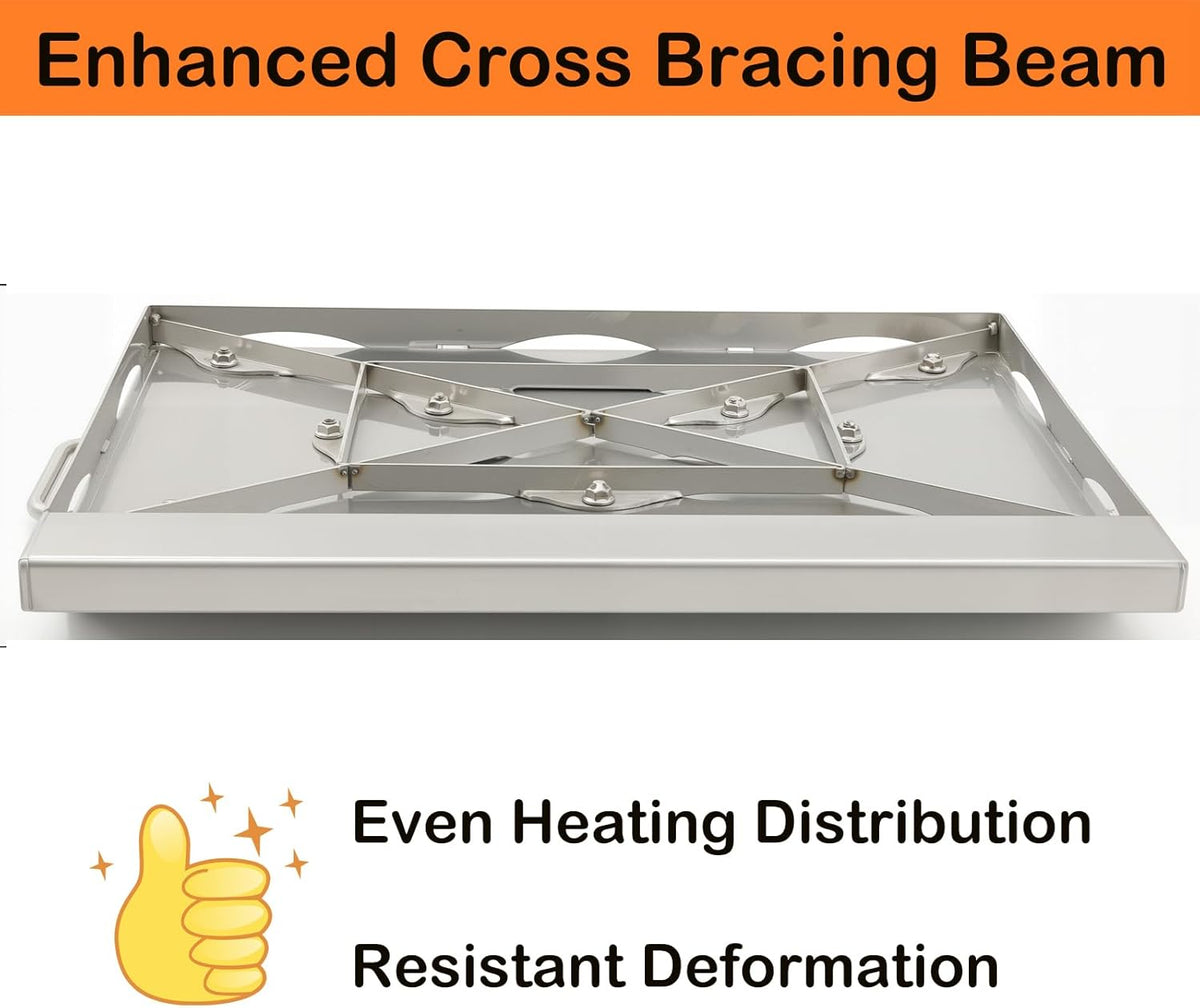 Universal Stainless Steel Griddle Flat Top Plate Grill-Top Griddle Pan with Even Heating Cross Bracing for BBQ Charcoal/Gas Grills, Camping, Tailgating, and Parties (17"*13")