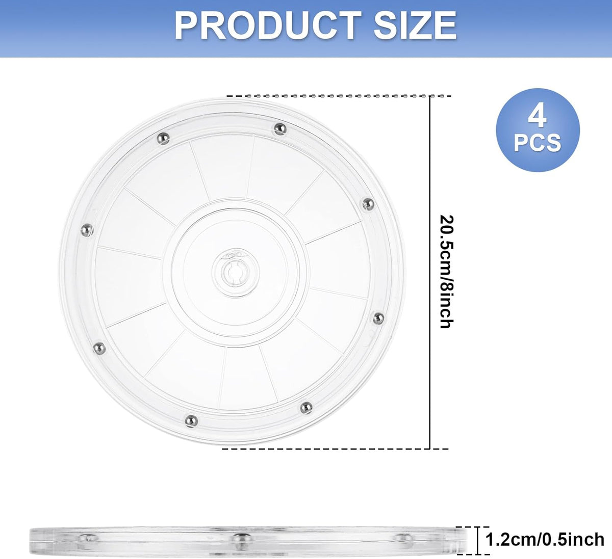 4 Pcs 8 Inch Lazy Susan Turntable Acrylic Ball Bearing Rotating Tray, Clear Turntable Organizer, Rotating Base Clear Acrylic Plates for Pantry, Cabinet, Spices, Makeup, (360˚ Rotation)