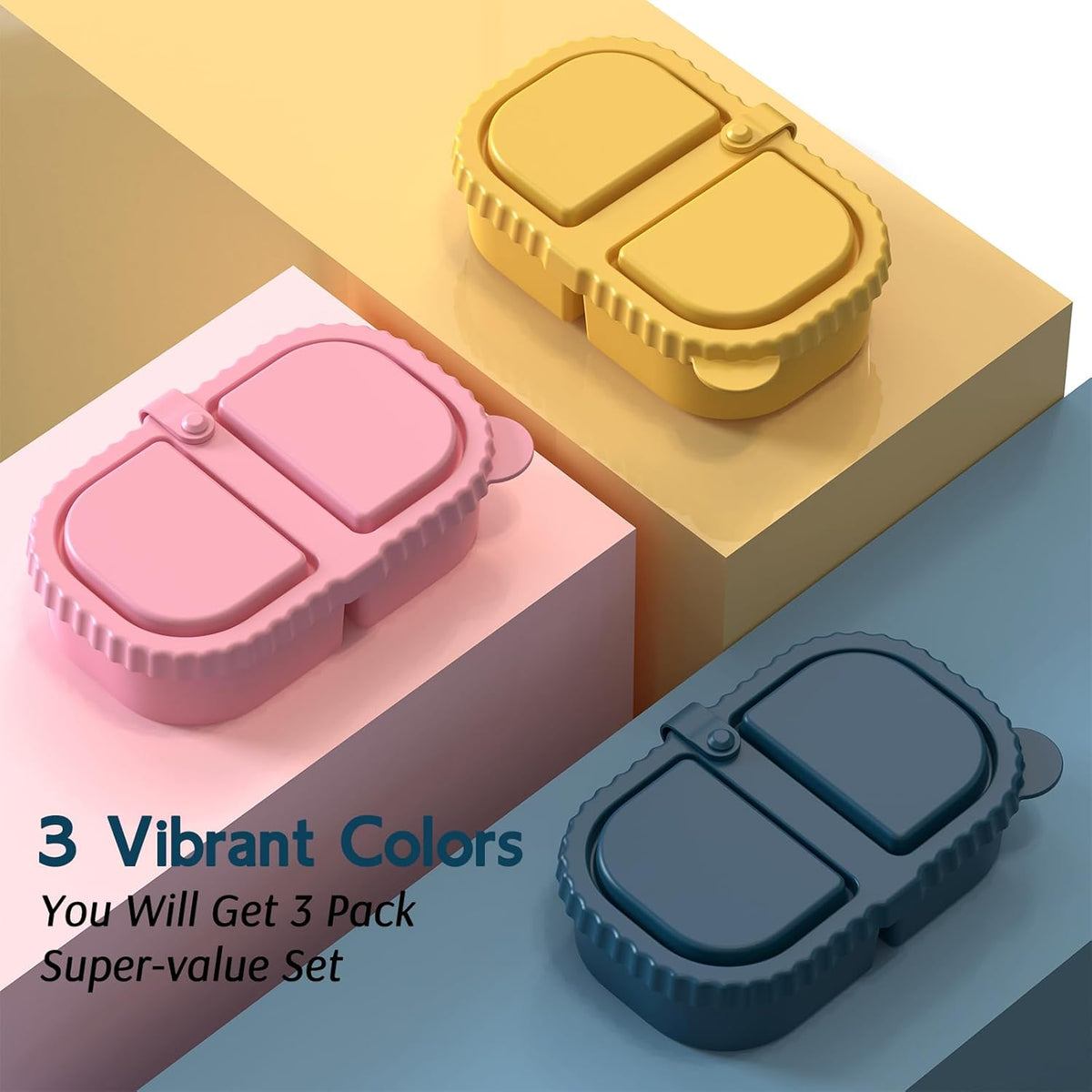 3 Pack Reusable Silicone Snack Containers with Lids, Mini Containers 2 Compartments, Portable Silicone Food Storage Box for Picnic, School, Office (3)
