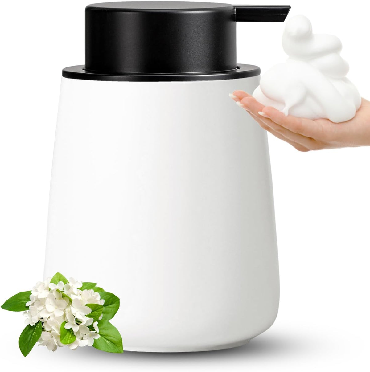 Foaming Soap Dispenser - 12 OZ White Ceramic Foam Soap Dispenser for Bathroom, Hand Wash Dispenser Bottle with Black Foaming Pump, Refillable Dish Dispenser Kitchen