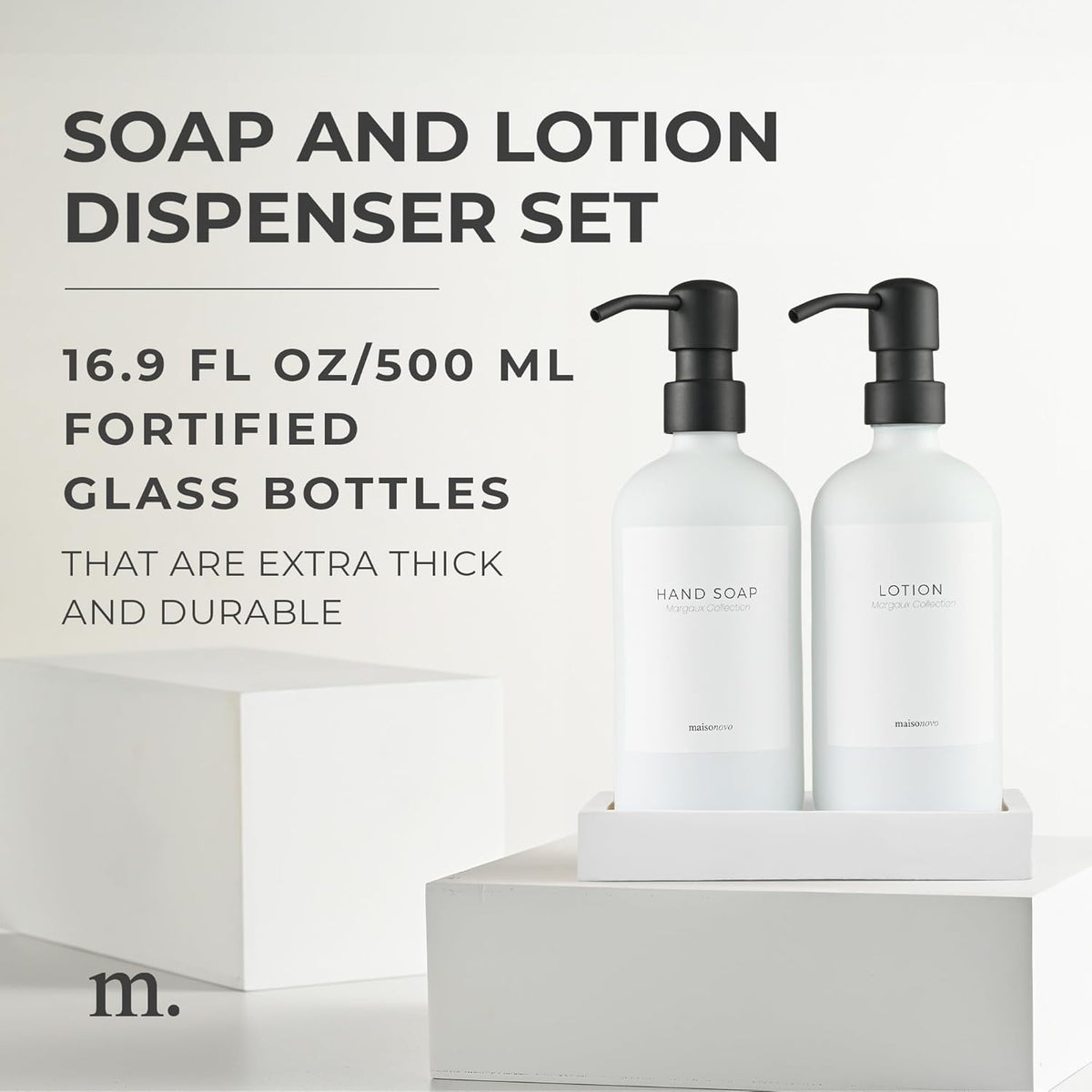 MaisoNovo Soap Dispenser 3-Piece Set | 16.9oz White Bottles with Black Stainless Steel Pumps