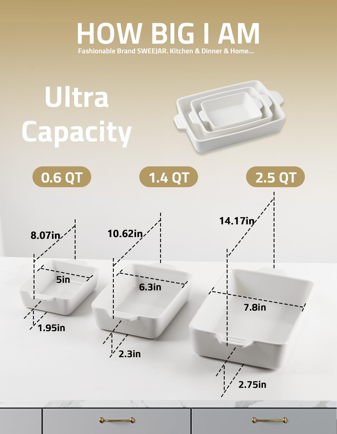 Sweejar Ceramic Bakeware Set, Rectangular Baking Dish for Oven Lasagna Pans for Cooking, Kitchen, Cake Dinner, Banquet and Daily Use, 11.8 x 7.8 x 2.76 Inches of Casserole Dishes (Beige)
