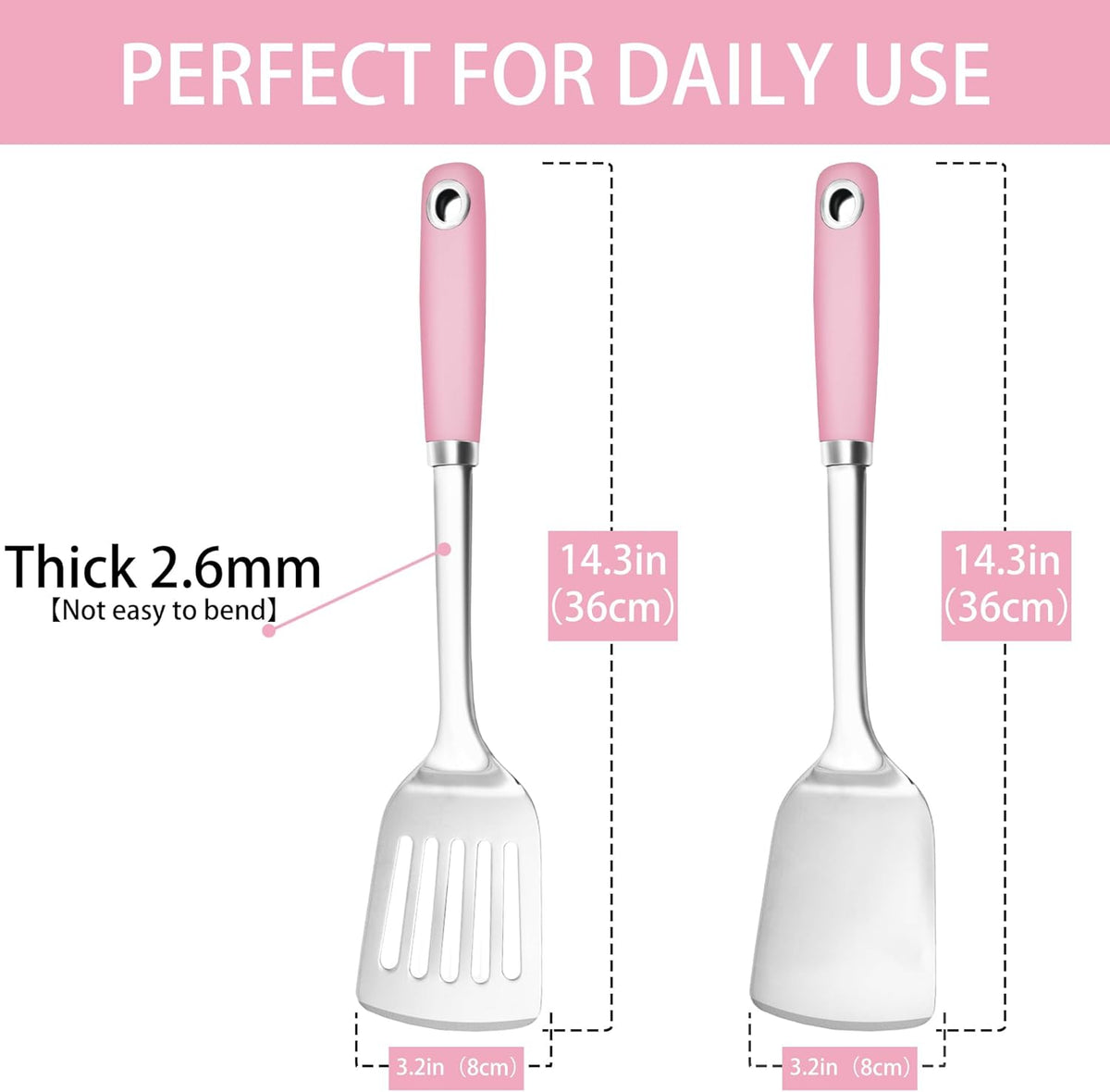14.3-in Pink Spatula Set, 18/0 Stianless Steel Heavy Duty Turner & Slotted Spatula, Kitchen Cooking Utensils Set, High Heat Resistant, Grilling Frying Serving Food, Pack of 2
