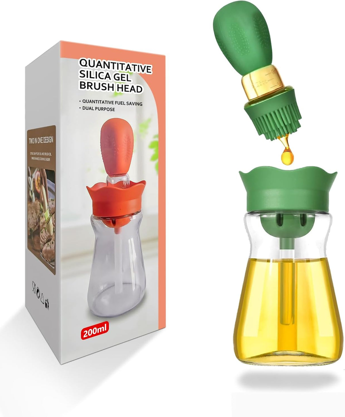 Oil Dispenser Bottle with Silicone Brush, 200ML 2 in 1 Silicone Dropper Measuring Oil Dispenser Bottle for Kitchen Cooking, Frying, Baking, BBQ Pancake, Air Fryer, Marinating - Green