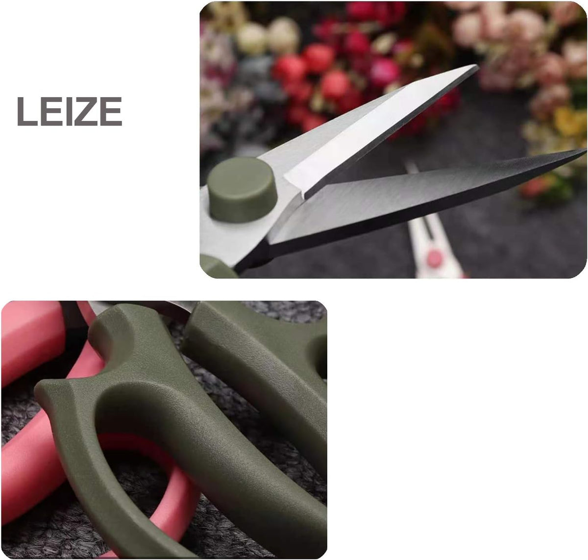 Leize Flower Scissors, Premium Thickened Stainless Steel Floral Shears, Strong Pruner for Flowers, Branches and Leaves (Grey Green Slender 2Pics)