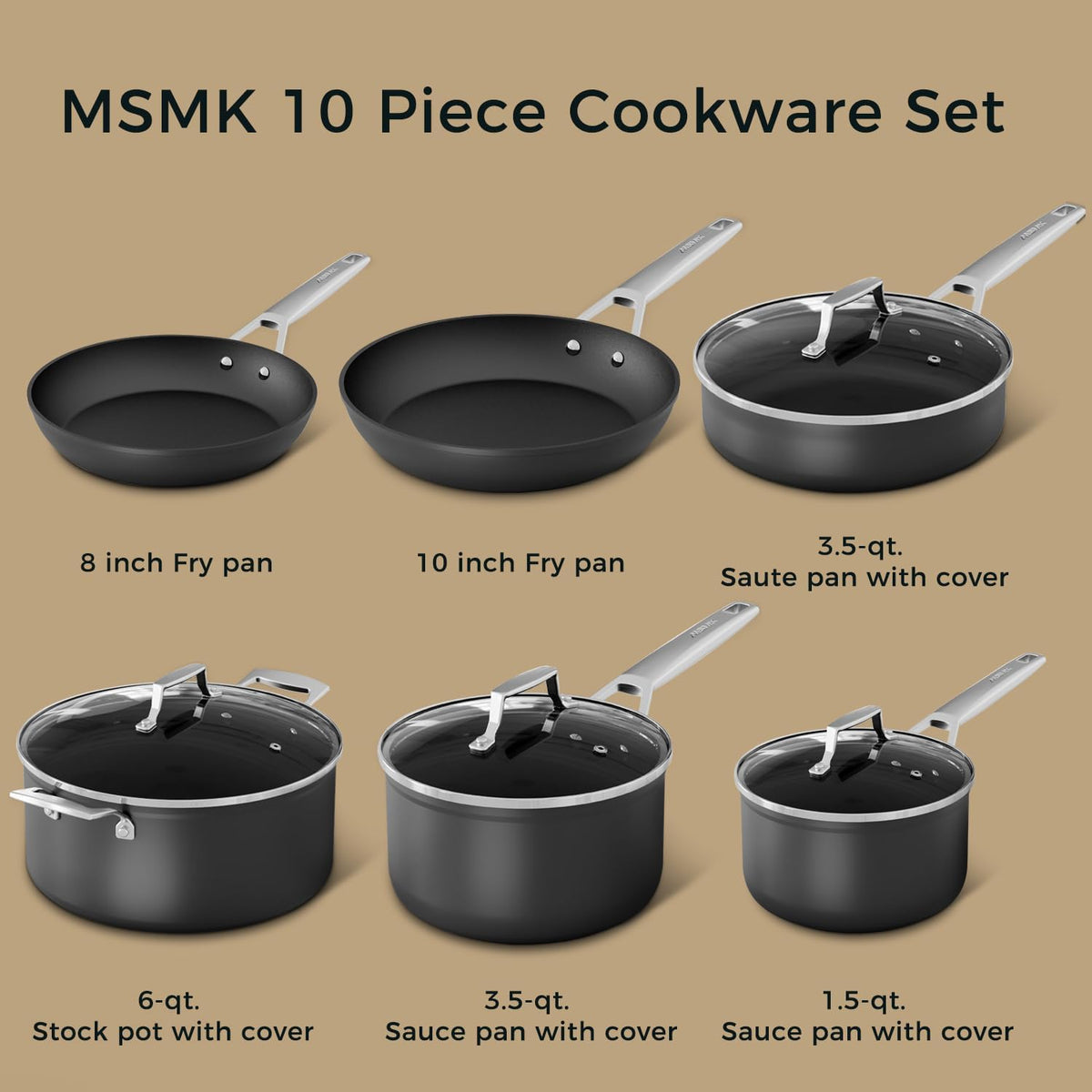 MsMk 10-Piece Pots and Pans Set non stick, Cookware Sets for building a starter kitchen or refreshing, Even Heating, Easy Clean-Up, Comfortable Handling, Induction Compatibility