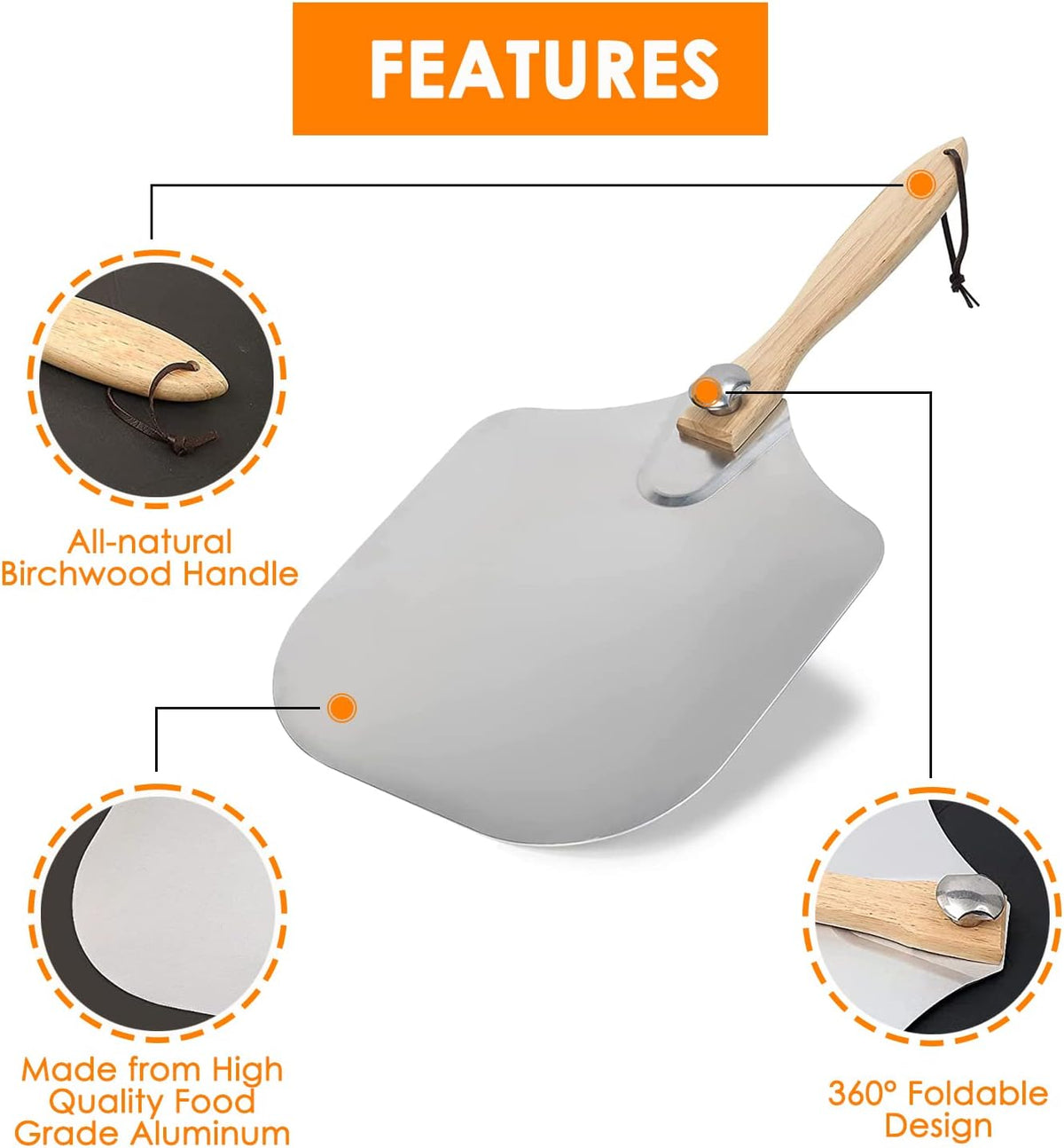 Pizza Peel 12 x 14 Inch, Aluminum Metal Pizza Paddle, Pizza Spatula with Foldable Wooden Handle, Easy Storage, Pizza Spatula Paddle, Pizza Oven Accessories, Pizza Cutter & Pizza Shovel Included