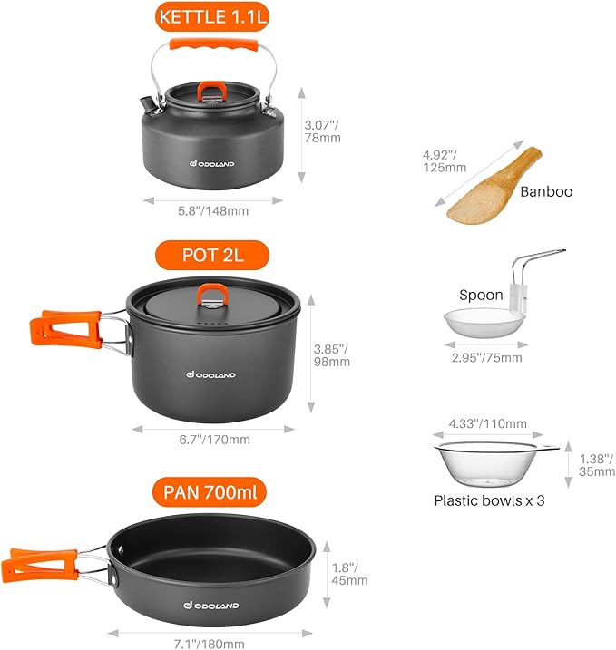 Odoland 10pcs Camping Cookware Camping Pots and Pans Set with Kettle Plastic Bowls and Soup Spoon for Camping, Backpacking, Outdoor Cooking and Picnic