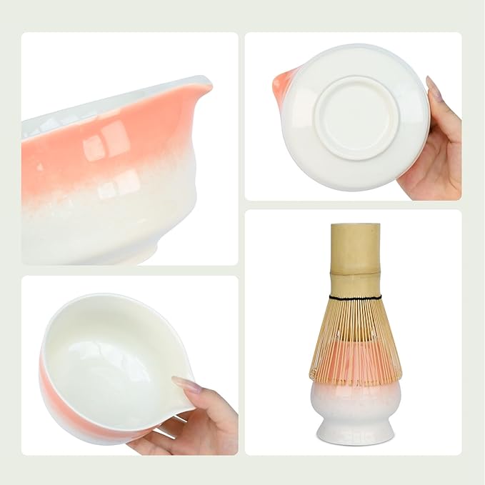 Pink Matcha Whisk Making Set - Japanese Tea Kit with Whisk Bowl and Bamboo Scoop Ceramic Chawan with Spout for Traditional Tea Ceremony Complete Matcha Making Tools Gift for Tea Lovers (Pink, 5 PCS)