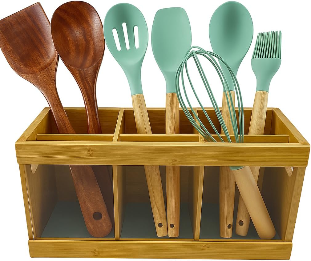 Wooden Utensil Holder Organizer with 6 Compartments, Rustic Countertop Kitchen Utensil Holder perfect for storing spoons, spatulas, cooking tools, and silverware, keeping your kitchen neat, organized