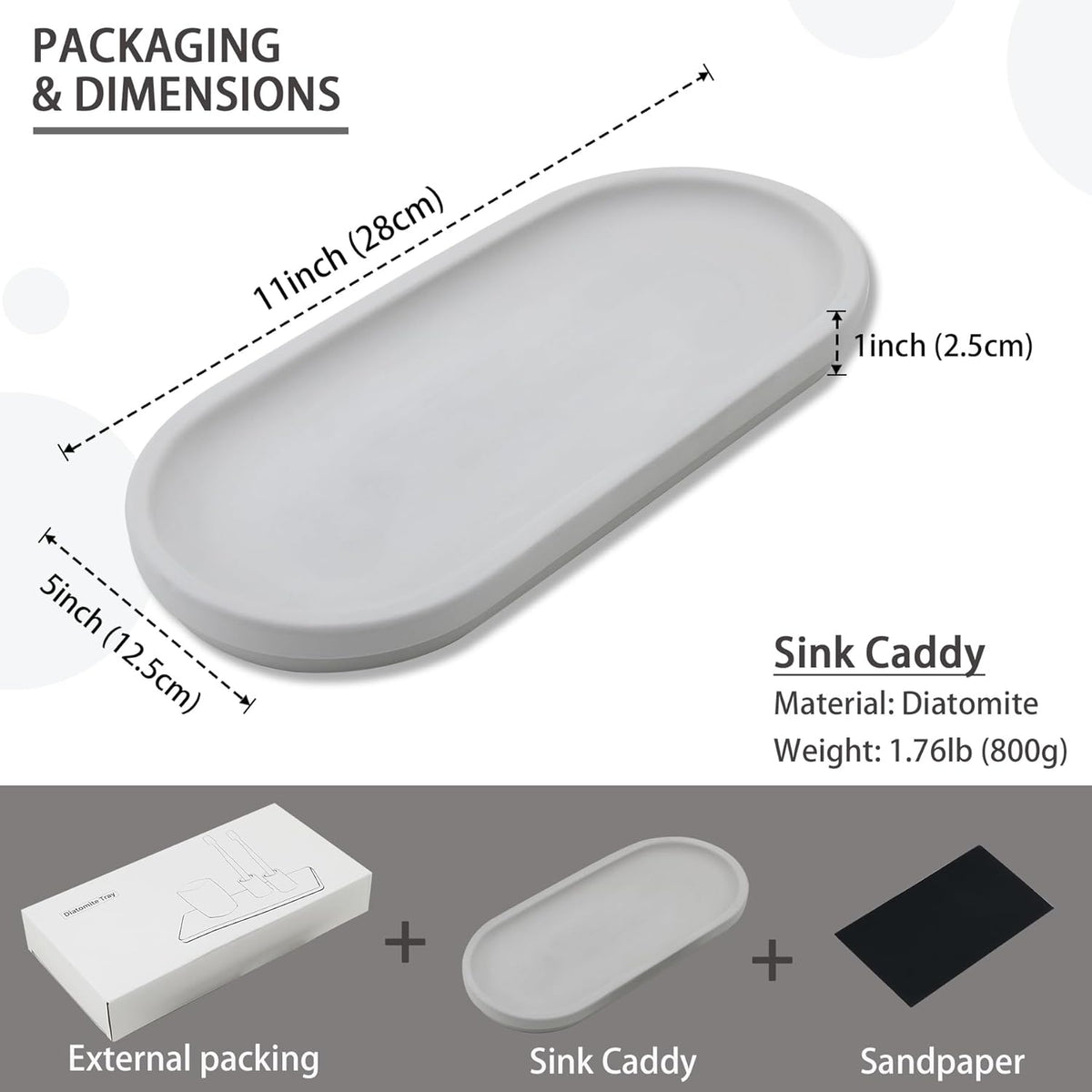 Diatomite Sink Caddy for Kitchen Organizer, Quick Dry Holder for Sponge, Dish, Brush, Bathroom Soap, Toothbrush - Fast Absorbing Stone Tray (Grey, 11" x 5")