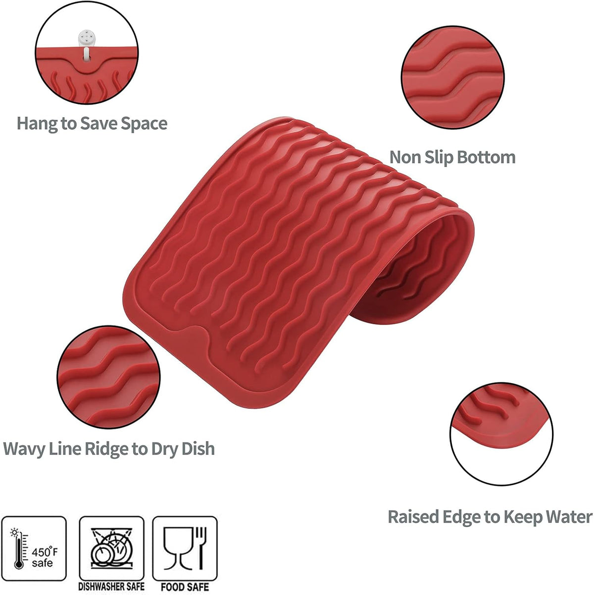 Silicone Dish Drying Mat for Multiple Usage,Easy clean,Eco-friendly,Heat-resistant Silicone Mat for Kitchen Counter or Sink,Refrigerator or Drawer Liner Red S 12 inches x 6 inches