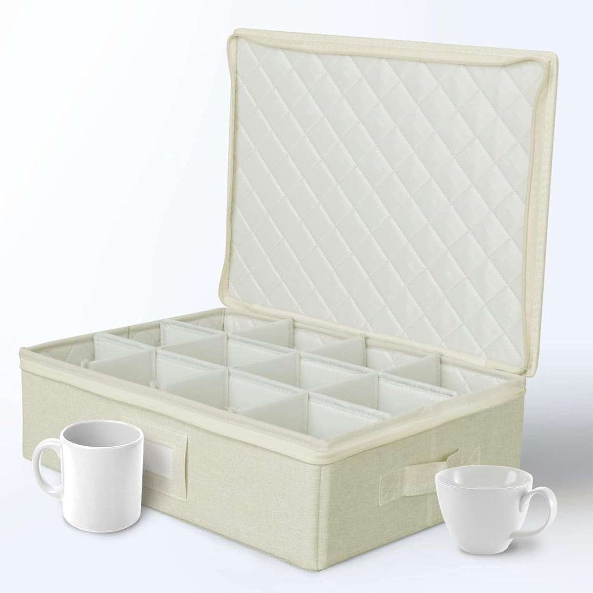 storageLAB Cup and Mug Storage Containers, Hard Shell Storage Case with Felt Dividers for Cups, Mugs, Dishes, and Glasses, Ideal for Kitchen Organizing and Moving Supplies - 1 Pack, Cream