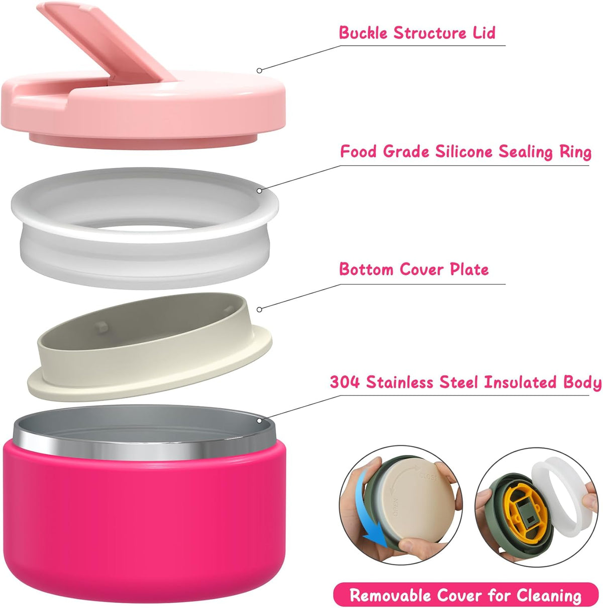 Bento Lunch Box with 8oz Soup Thermo, Leak-Proof Lunch Containers with 4 Compartment, Thermo Hot Food Jar and Insulated Lunch Box for School Pink