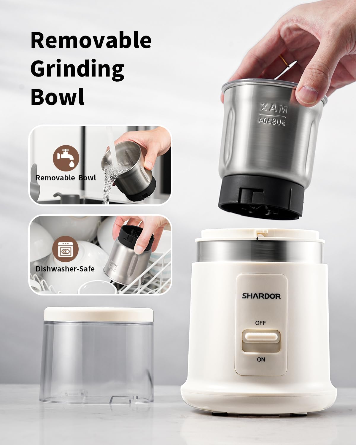 SHARDOR One Touch Coffee Grinder Electric, Spice, Herb, For Coffee Bean Spices and Seeds with 1 Removable Stainless Steel Bowl, Dry Grinder, White