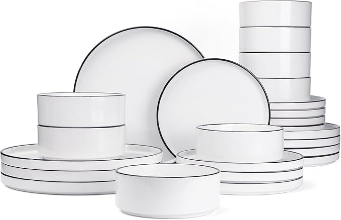 Famiware Nebula Plates and Bowls Set, 24 Pieces Dinnerware Sets, Dishes Set for 8, White with Black Rim