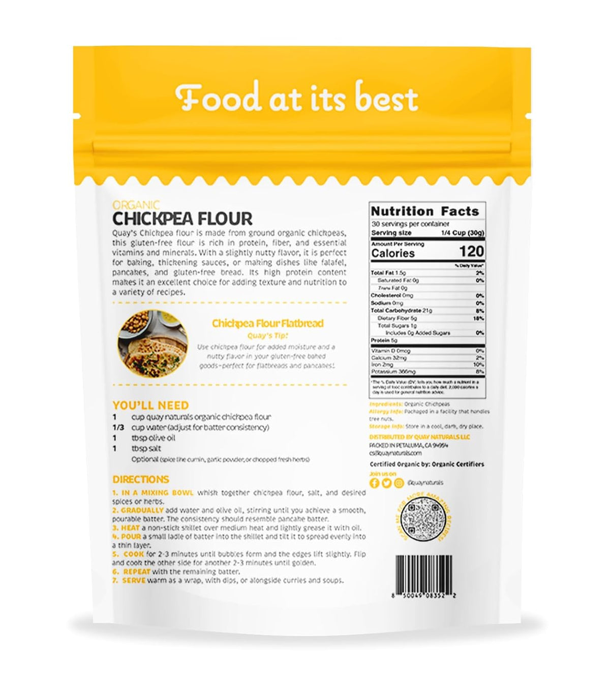 Quay Naturals Organic Chickpea Flour, Garbanzo Bean Flour, 1.5 lb, Non-GMO, Gluten-Free, Vegan. Ideal for Baking, Frying, Flatbreads & Grain-Free Cooking.