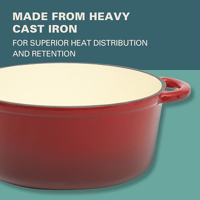 Gibson Home Addlestone 5-Quart Red Enamel Cast Iron Dutch Oven with Lid and Dual Handles – Durable Round Cooking Pot