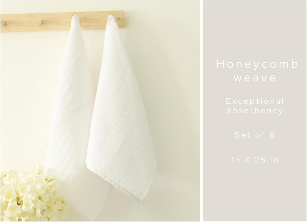 PurpleEssences Waffle Weave Kitchen Towel, 100% Cotton - 15 x 25 Inches, with Hanging Loop Ultra Soft Absorbent Quick Drying Dish Cloth, Tea and Hand Towels, 6 Pack - Spring Summer - White