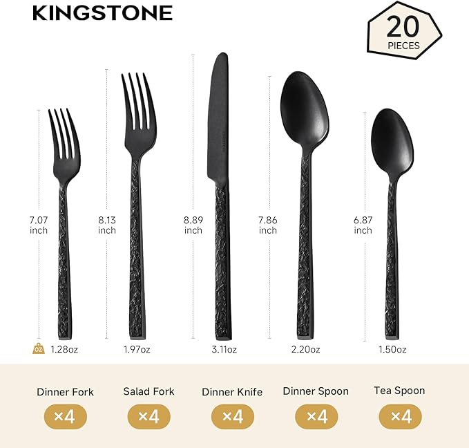 KINGSTONE 20 Pcs Black Hammered Silverware Set for 4, 18/10 Stainless Steel Heavy Duty Flatware Set, Tableware Cutlery Utensil Sets for Home Restaurant Dishwasher Safe