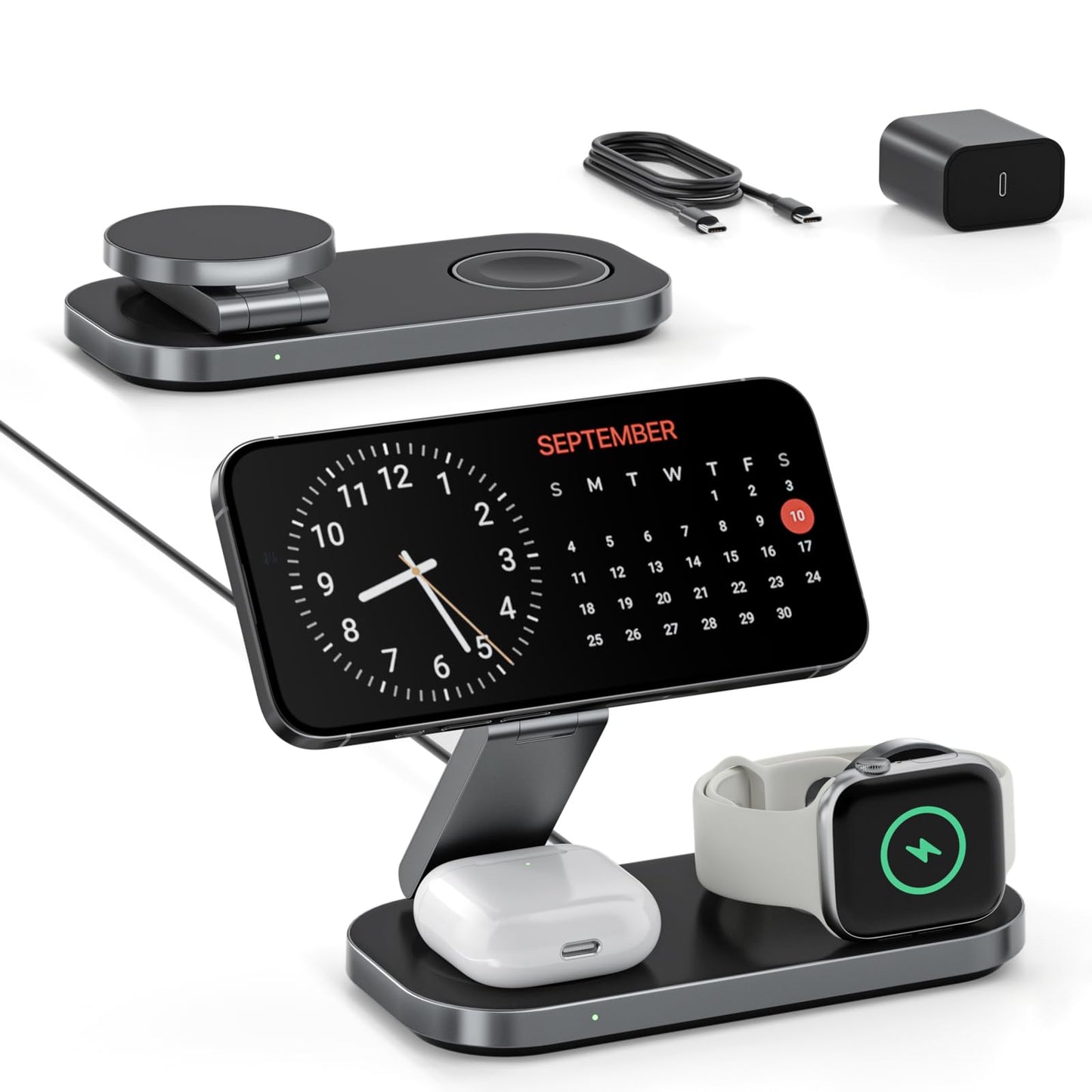 Keepro 3-in-1 Charging Station for Apple Device, Foldable Magnetic Wireless Fast Charger Stand Compatible with MagSafe for iPhone 17e/17/16/15/14/13/12/Air Series, Apple Watch & AirPods-Black